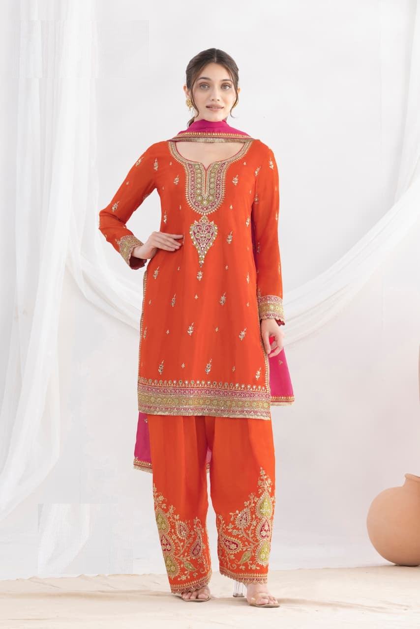 Aarshi Fashions Orange Chinon Wedding Suits | Grocsy