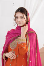 Aarshi Fashions Orange Chinon Wedding Suits | Grocsy
