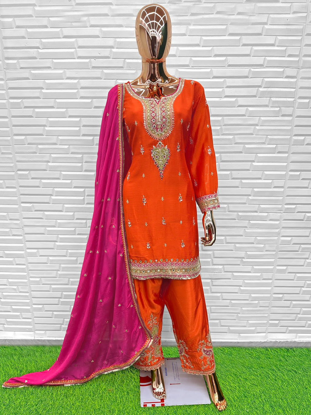Aarshi Fashions Orange Chinon Wedding Suits | Grocsy