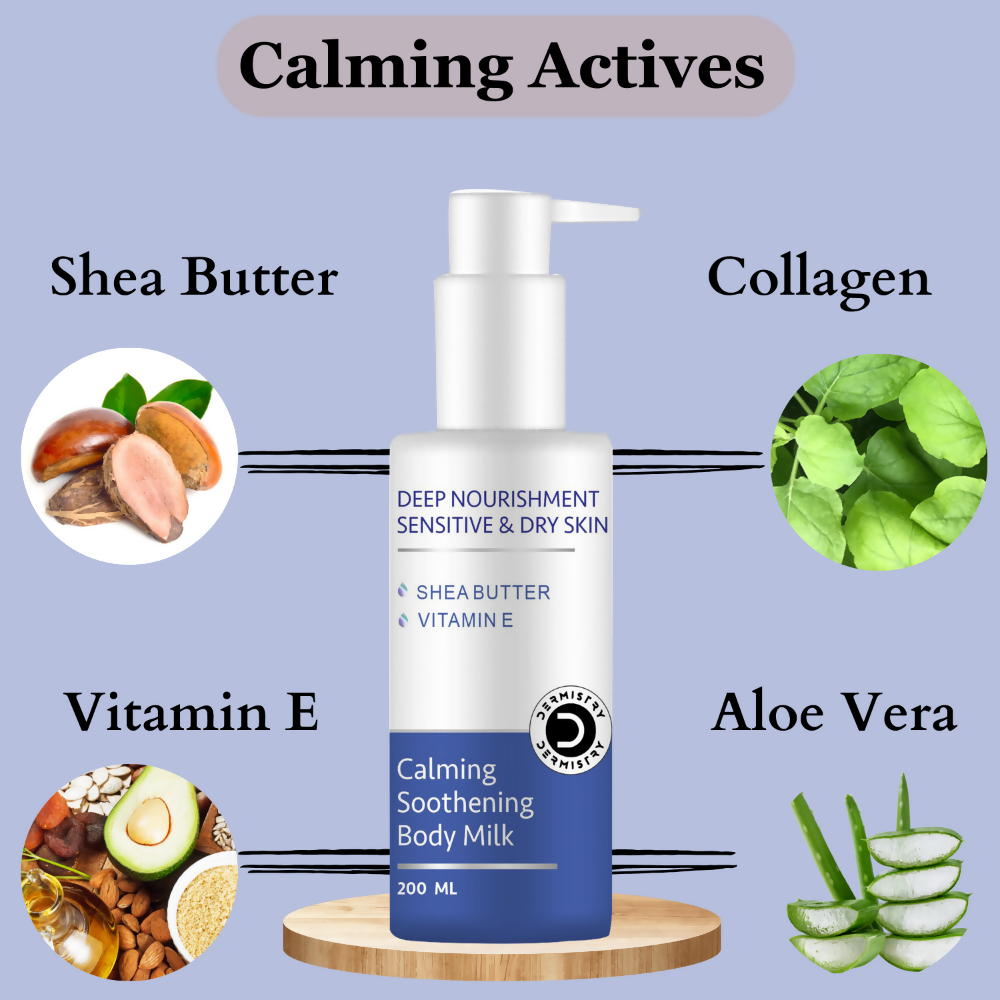 Dermistry Sensitive & Dry Skin Care Calming Soothing Body Milk Lotion Shea Butter & Vitamin E | Grocsy