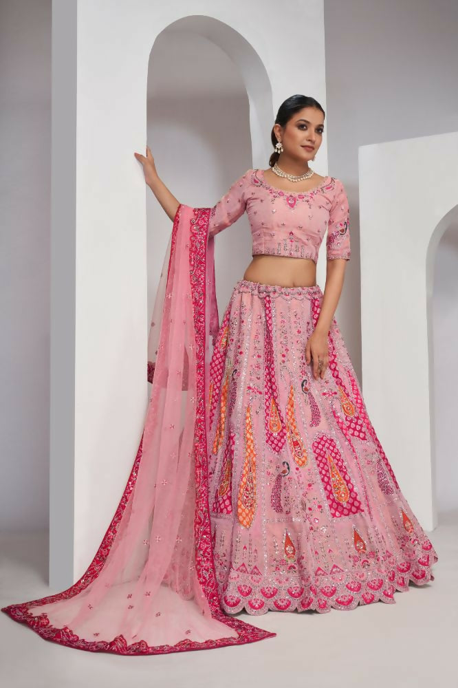 Kesar Fab Pink Silk Embroidered Lehenga | Grocsy