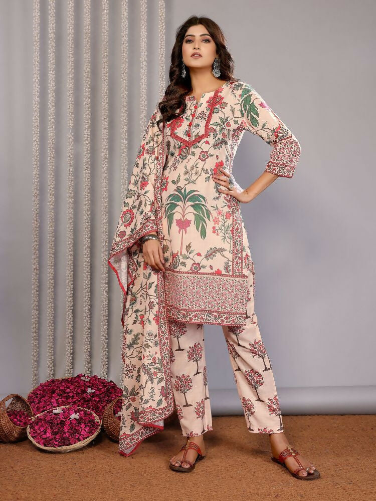 Joban Fashion Women Cream Linen Printed Stitched Kurta Set | Grocsy