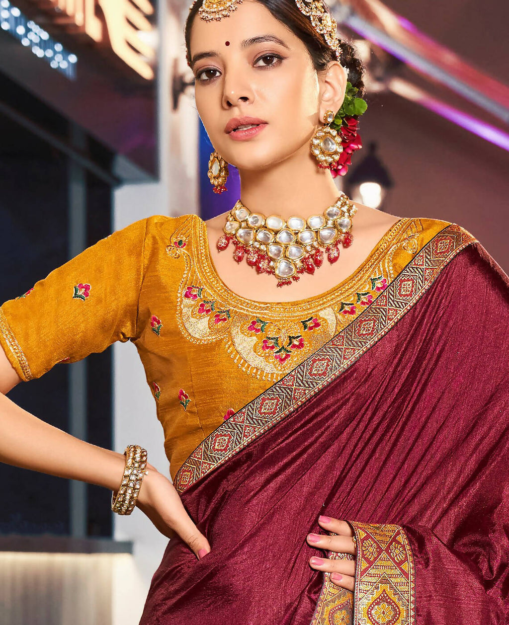 Dark Maroon Solid Vichitra Saree With Unstitched Blouse Piece - Selena | Grocsy