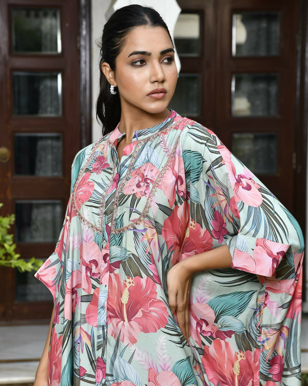 Vaasva Women's Aqua Musline Viscose Digital Printed Kaftan Pant Set | Grocsy