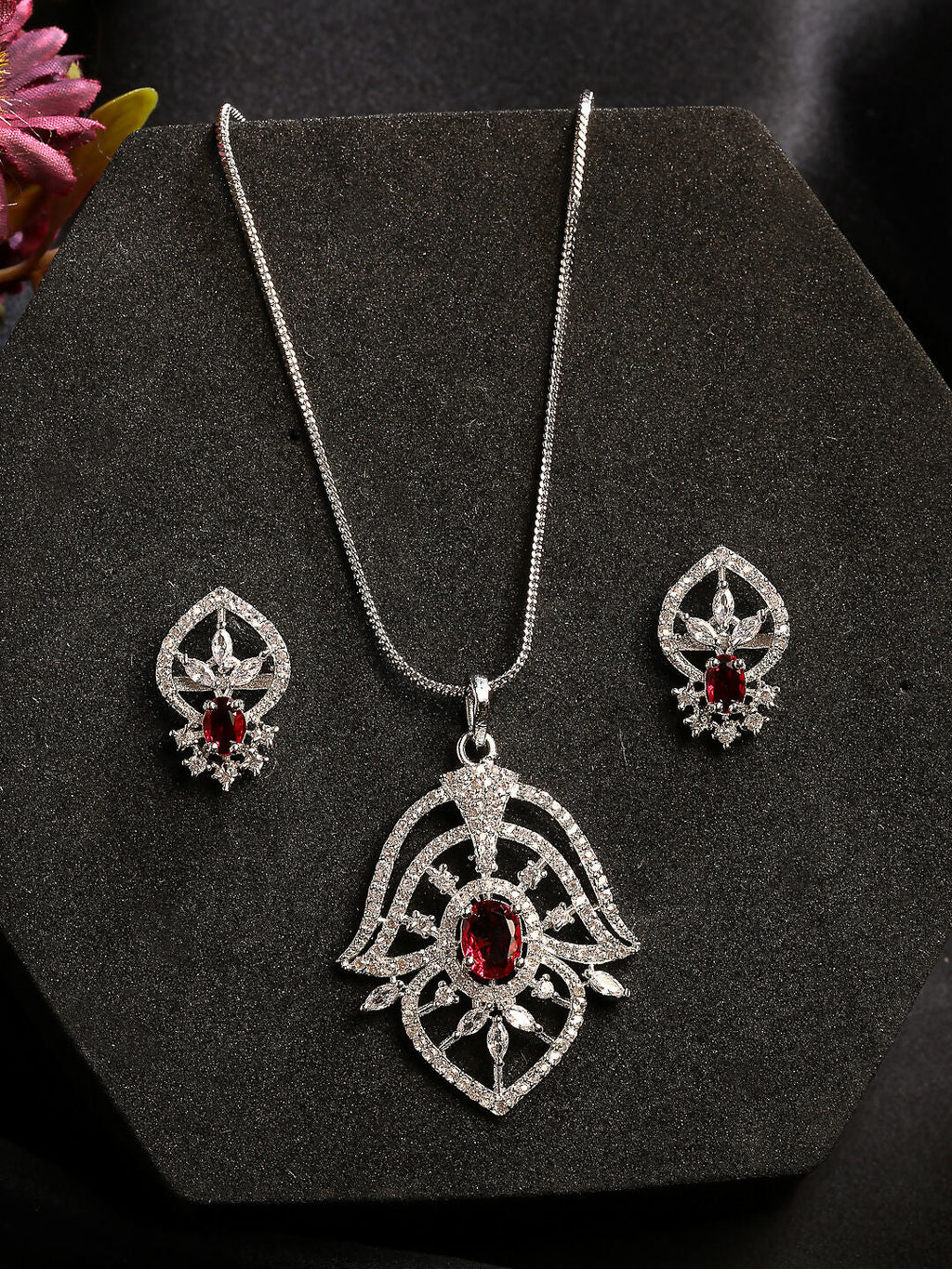 NVR Women Silver-Plated American Diamond-Studded Pendant Set | Grocsy