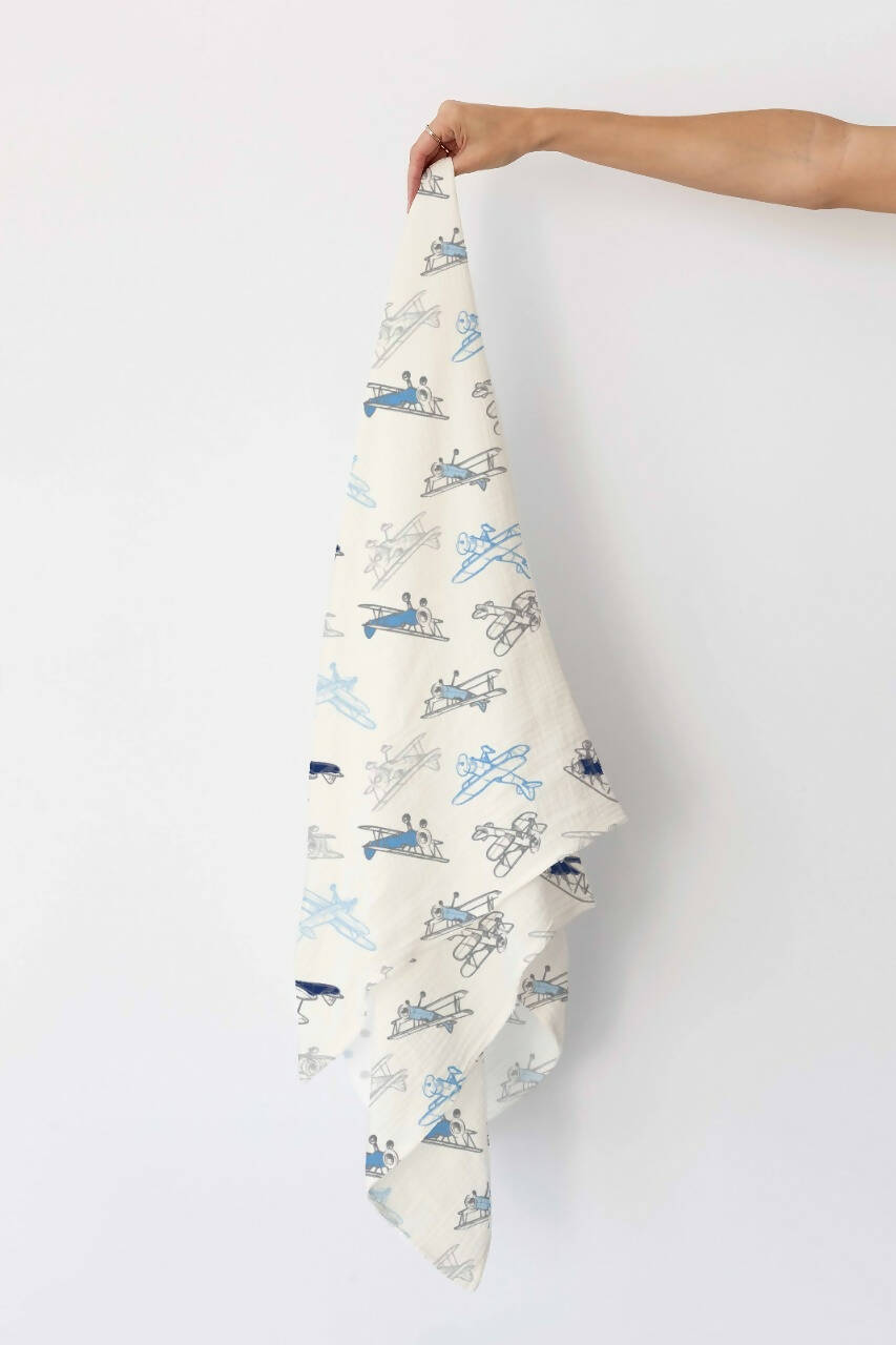 Kindermum Organic Cotton Muslin Swaddle Blanket 100 Cm X 100 Cm - Set Of 2 - Transport And Aviator | Grocsy