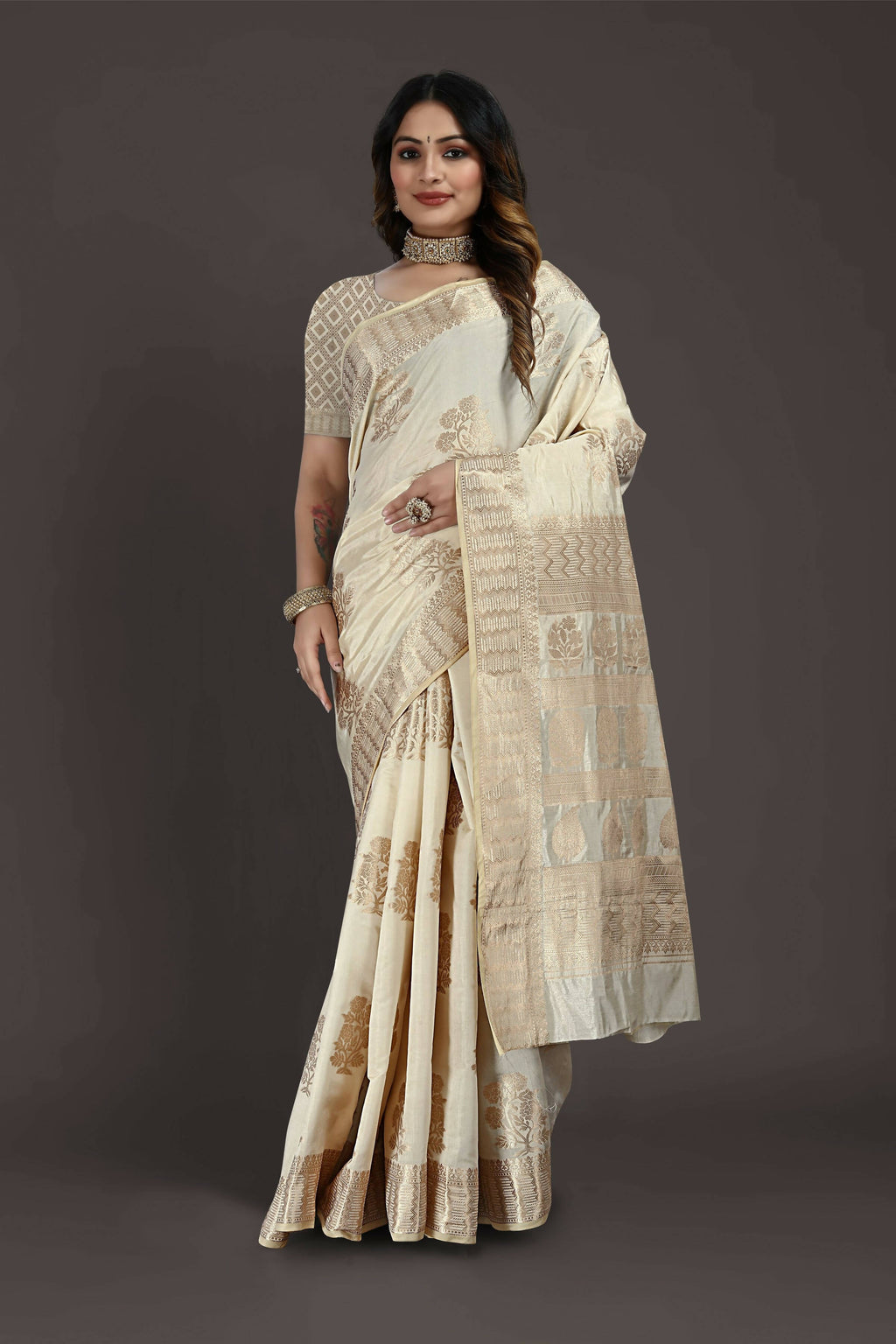 Off White Pure Raw Silk Zari Woven Saree with Unstitched Blouse Piece - Alisha | Grocsy