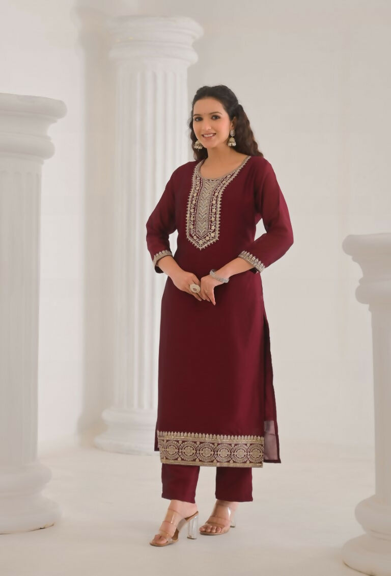 Ethnic Festive Wear Vichitra Silk Wine Stitched Suit With Dupatta - Tanisha | Grocsy