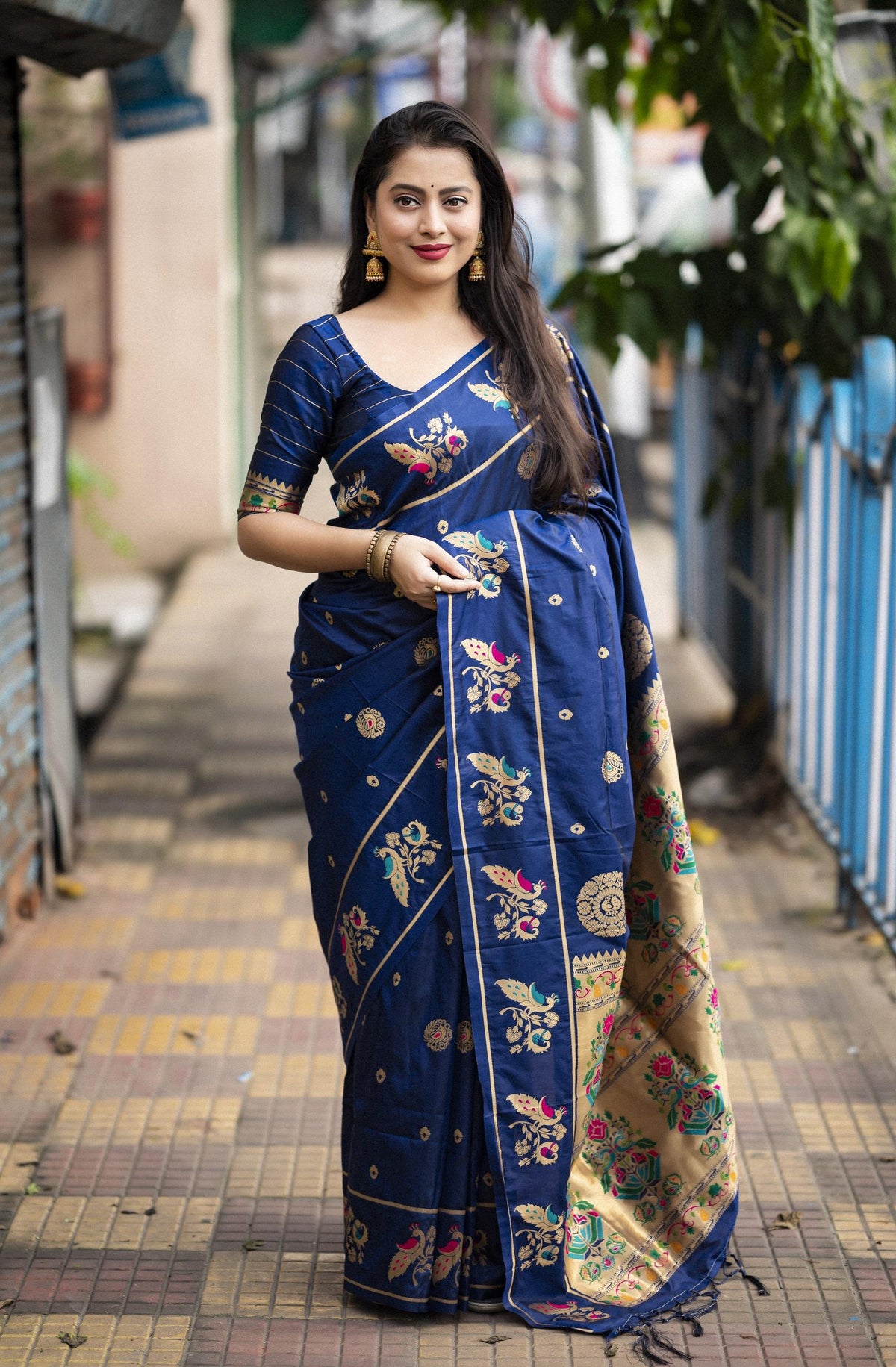 Navy Blue Pure Silk Woven Design Saree with Unstitched Blouse - Hiral Fashion | Grocsy