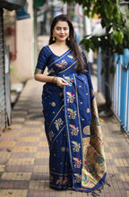 Navy Blue Pure Silk Woven Design Saree with Unstitched Blouse - A2M | Grocsy