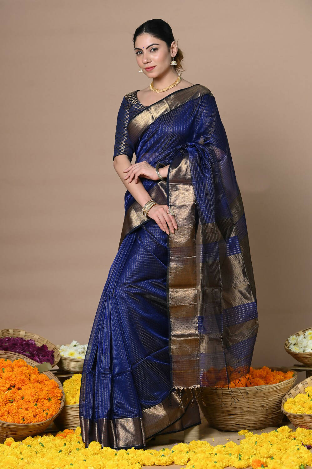 Very Much Indian Rajsi - Handloom Ari Checks Cotton Silk Saree With Golden Border - Dark Blue | Grocsy