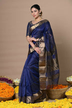 Very Much Indian Rajsi - Handloom Ari Checks Cotton Silk Saree With Golden Border - Dark Blue | Grocsy