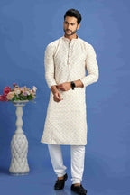 Raivat Ethnic Cotton Embroidery Kurta Pajama In Beige and Yellow Colour | Grocsy
