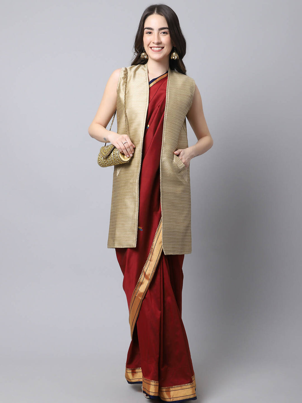 Even Apparels Beige Bansari Silk Open Front Women's Long Coat | Grocsy