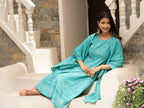Sky Blue Cotton Cambric Printed with Sequins work Anarkali Kurta with Pant & Dupatta - Akashara | Grocsy