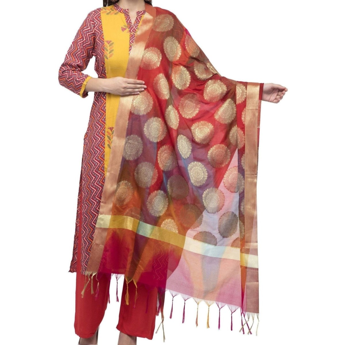 A R Silk Women's Vanarsi Silk Zari Embroidery With Rainbow Colour Multi Rainbow Fancy Dupatta | Grocsy