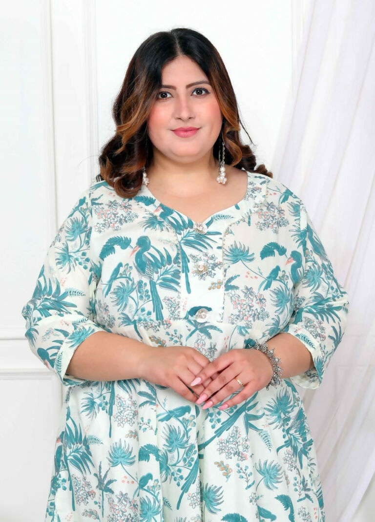 Miravan Women's Plus Size Light Green Cotton Gota Patti And Lace Border Details Birds And Leaf Floral Printed Anarkali Kurta | Grocsy