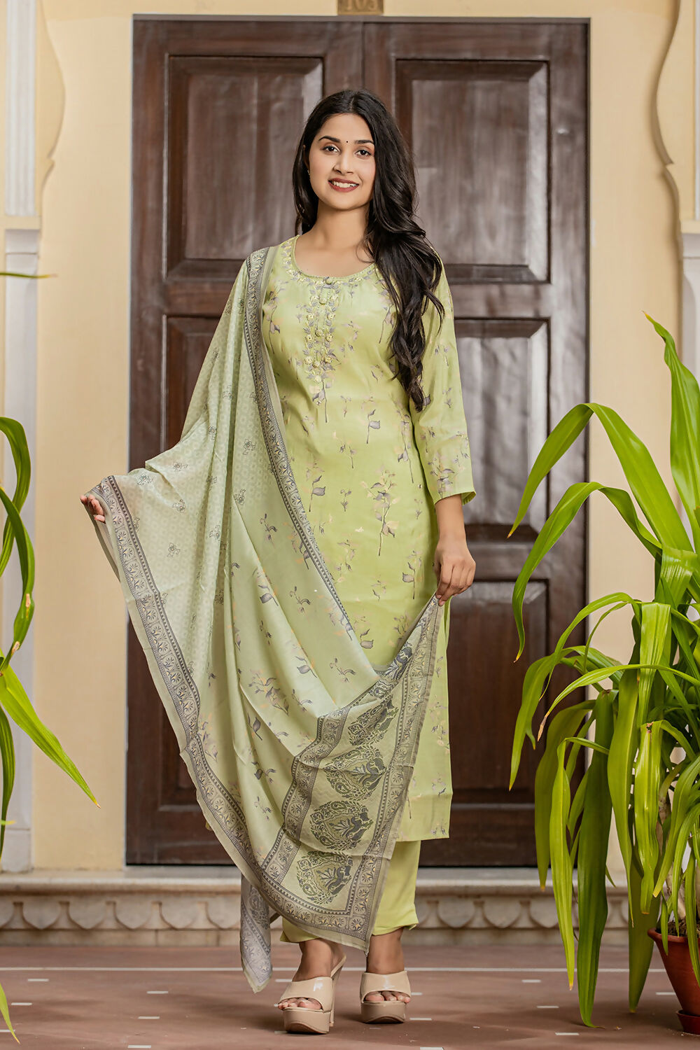 Kaajh Women's Green Printed Modal Silk Suit Set | Grocsy