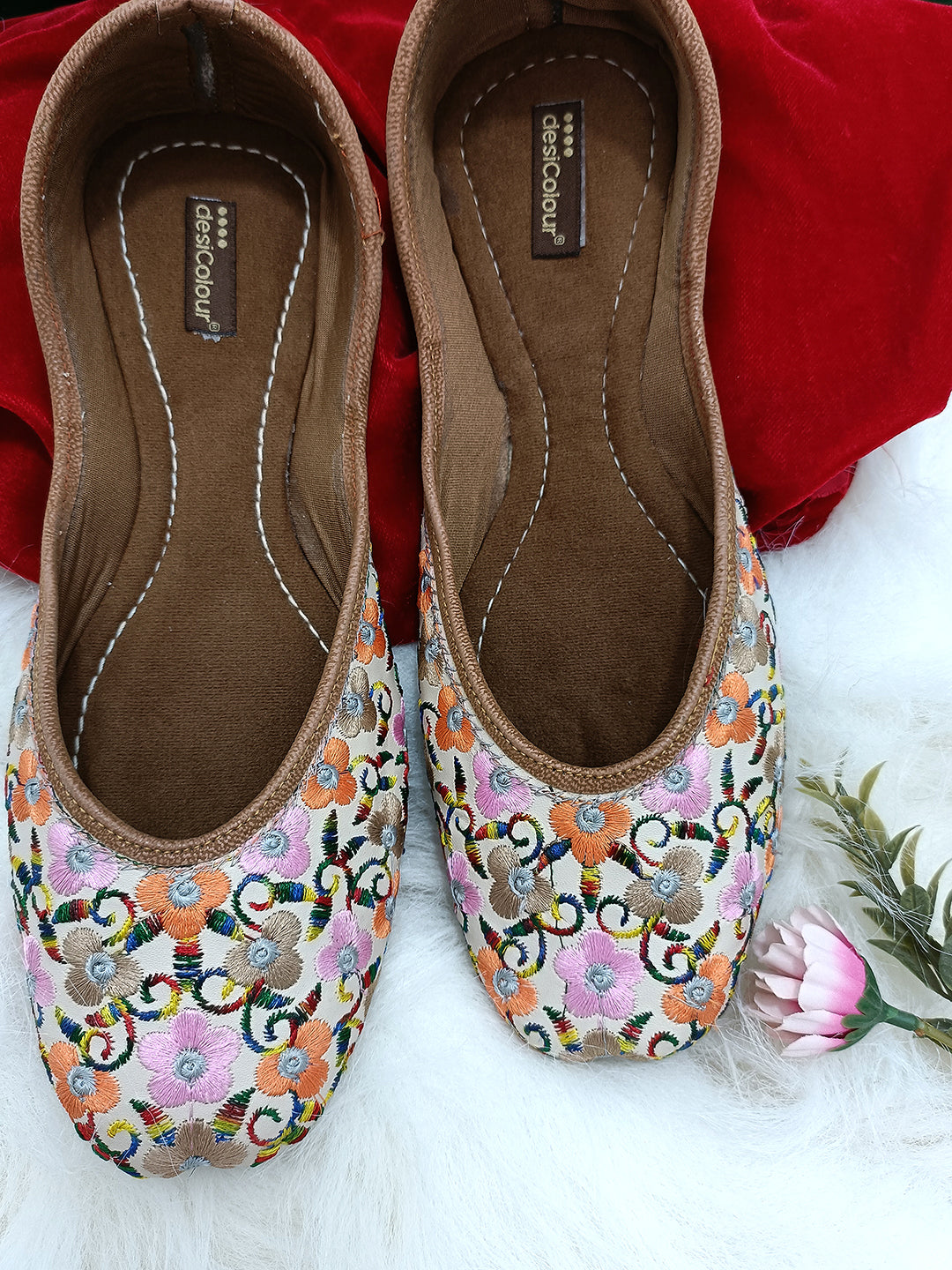 Desi Colour Women Indian Ethnic Footwear-Cushioned Offwhite Multi Floral | Grocsy