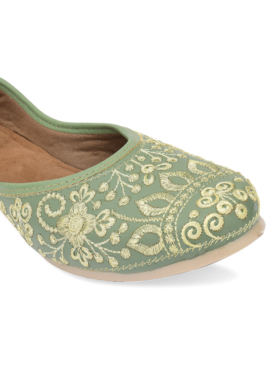 Desi Colour Women Indian Ethnic Footwear-Cushioned Green Embroidered | Grocsy