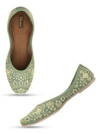 Desi Colour Women Indian Ethnic Footwear-Cushioned Green Embroidered | Grocsy