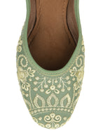 Desi Colour Women Indian Ethnic Footwear-Cushioned Green Embroidered | Grocsy