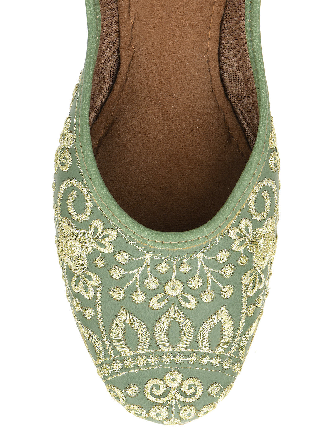 Desi Colour Women Indian Ethnic Footwear-Cushioned Green Embroidered | Grocsy