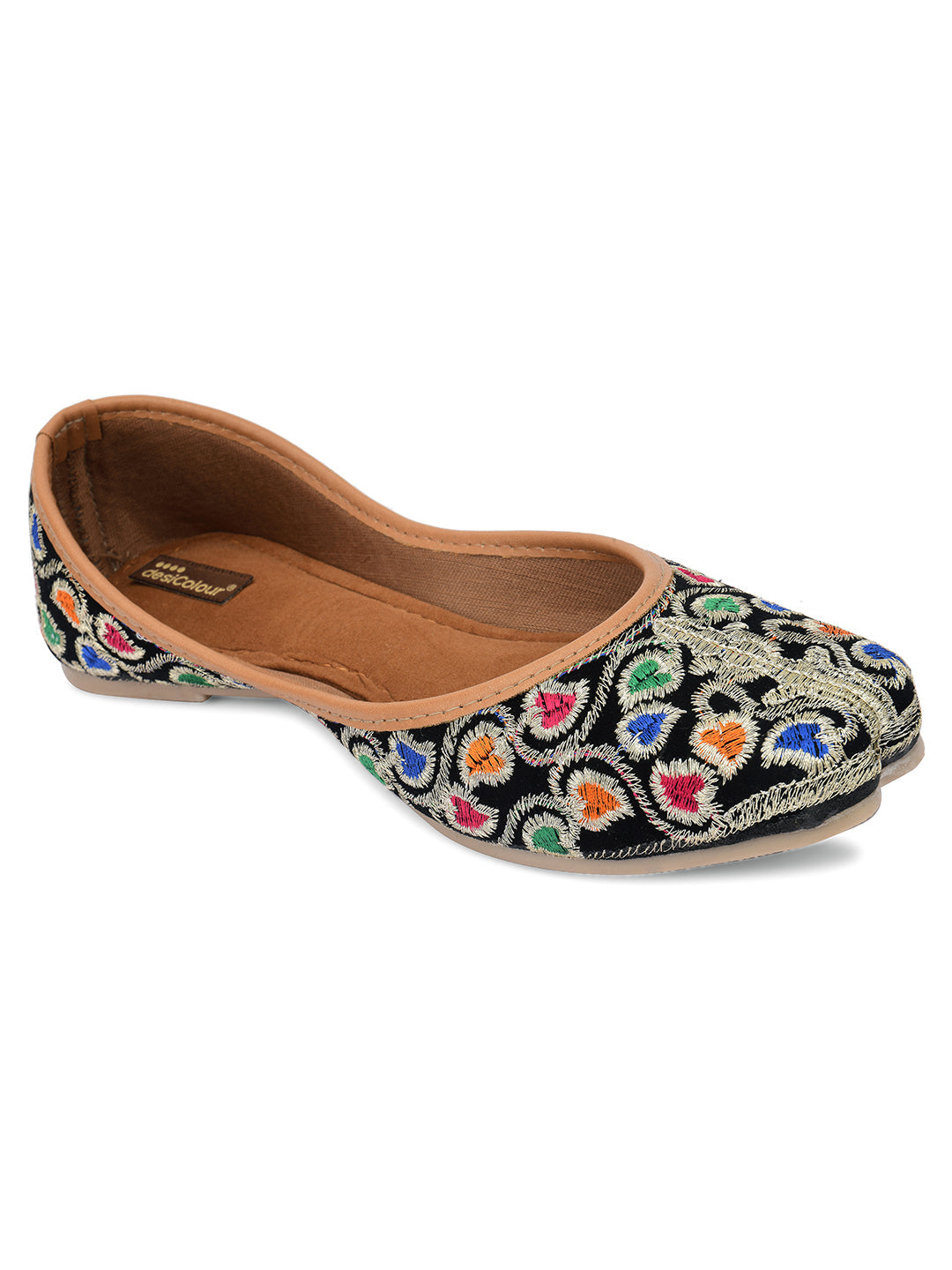 Desi Colour Women Indian Ethnic Footwear-Black Multi Floral | Grocsy