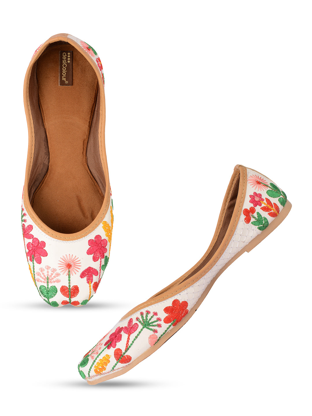 Desi Colour Women Indian Ethnic Footwear-Embellished White Forest Mojari | Grocsy