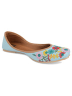 Desi Colour Women Indian Ethnic Footwear-Cushioned Sky Blue Floral Emb | Grocsy