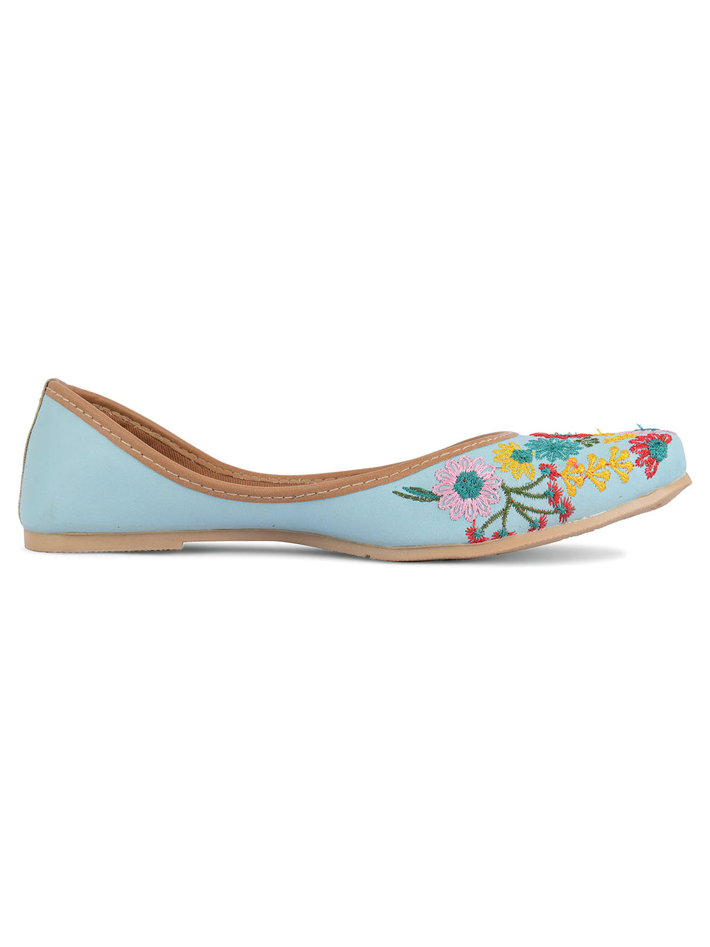 Desi Colour Women Indian Ethnic Footwear-Cushioned Sky Blue Floral Emb | Grocsy