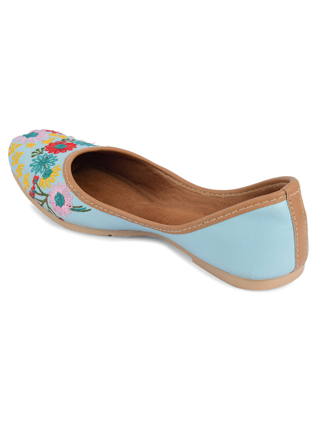 Desi Colour Women Indian Ethnic Footwear-Cushioned Sky Blue Floral Emb | Grocsy