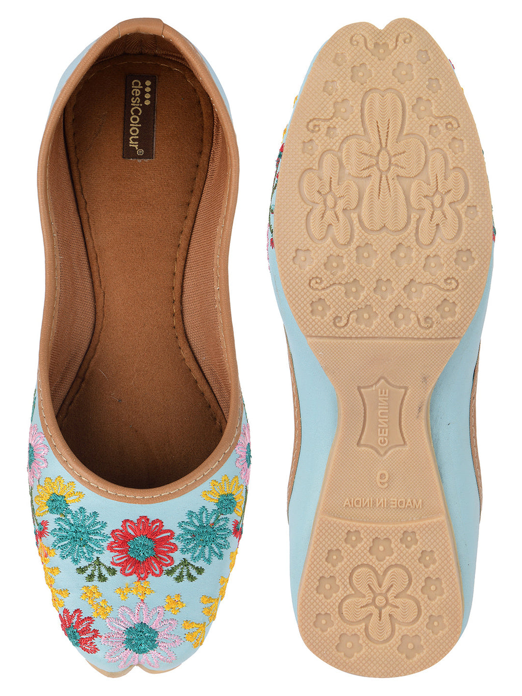 Desi Colour Women Indian Ethnic Footwear-Cushioned Sky Blue Floral Emb | Grocsy