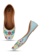 Desi Colour Women Indian Ethnic Footwear-Cushioned Sky Blue Floral Emb | Grocsy