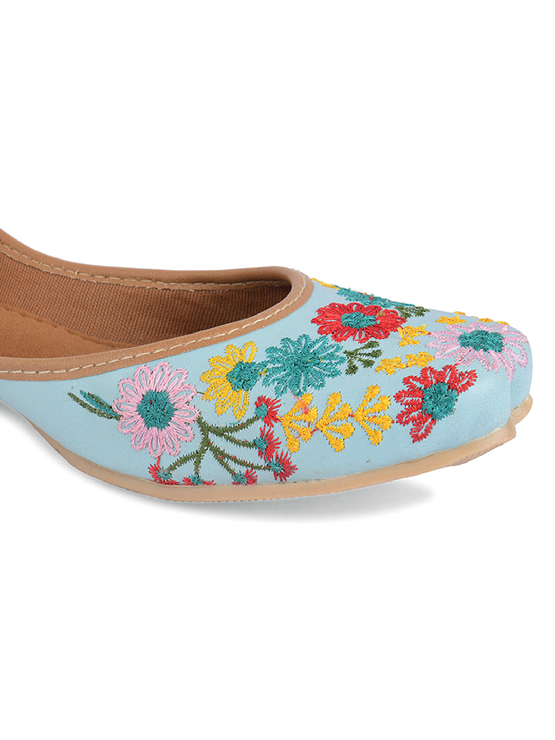 Desi Colour Women Indian Ethnic Footwear-Cushioned Sky Blue Floral Emb | Grocsy