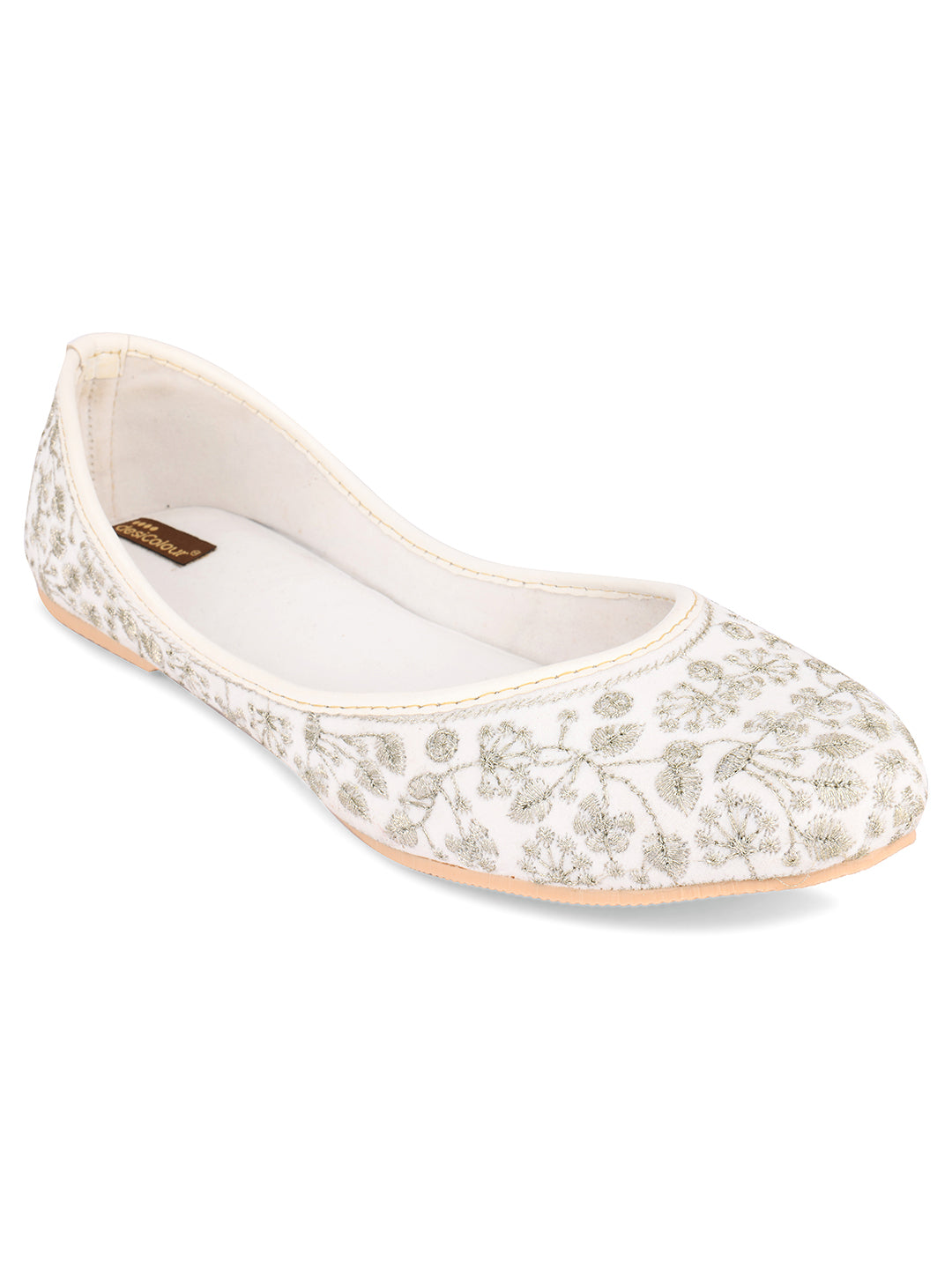 Desi Colour Women Indian Ethnic Footwear-Cushioned White Heavy Emb | Grocsy
