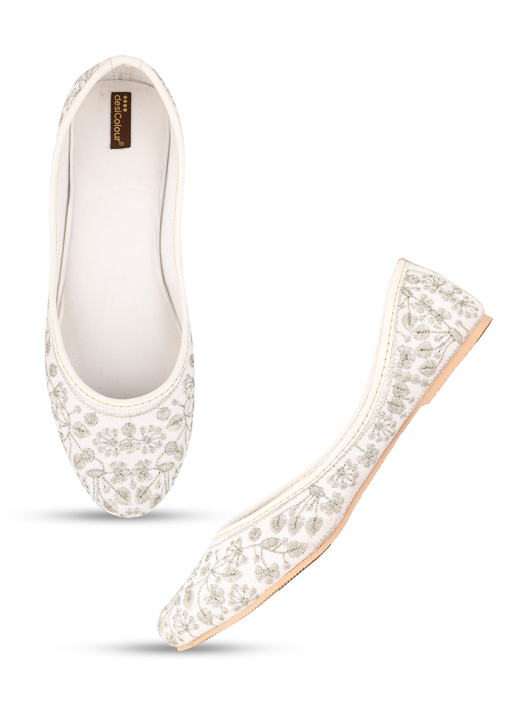 Desi Colour Women Indian Ethnic Footwear-Cushioned White Heavy Emb | Grocsy