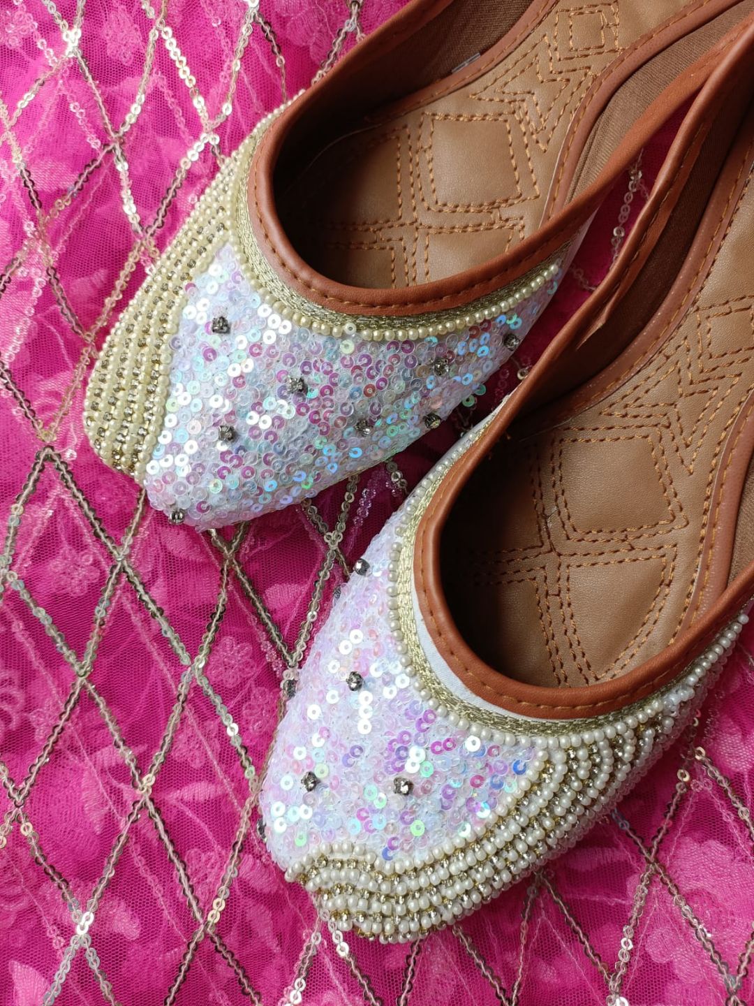 Desi Colour Women Indian Ethnic Footwear-White Pearl Shine | Grocsy