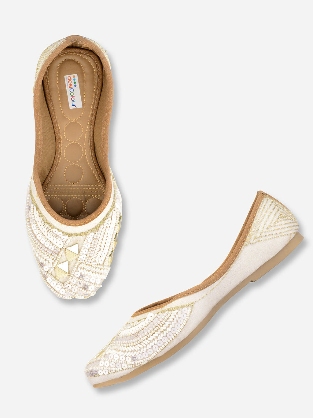Desi Colour Women Indian Ethnic Footwear-White Mirror Emb | Grocsy