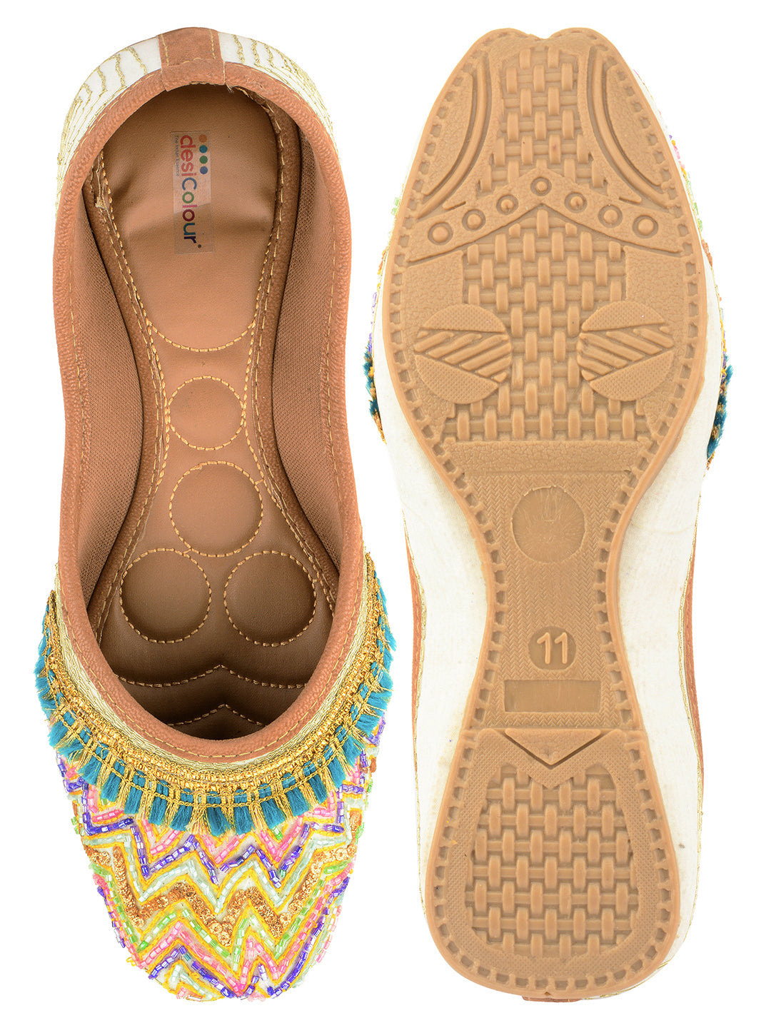 Desi Colour Women Indian Ethnic Footwear-White Multi Zigzag | Grocsy