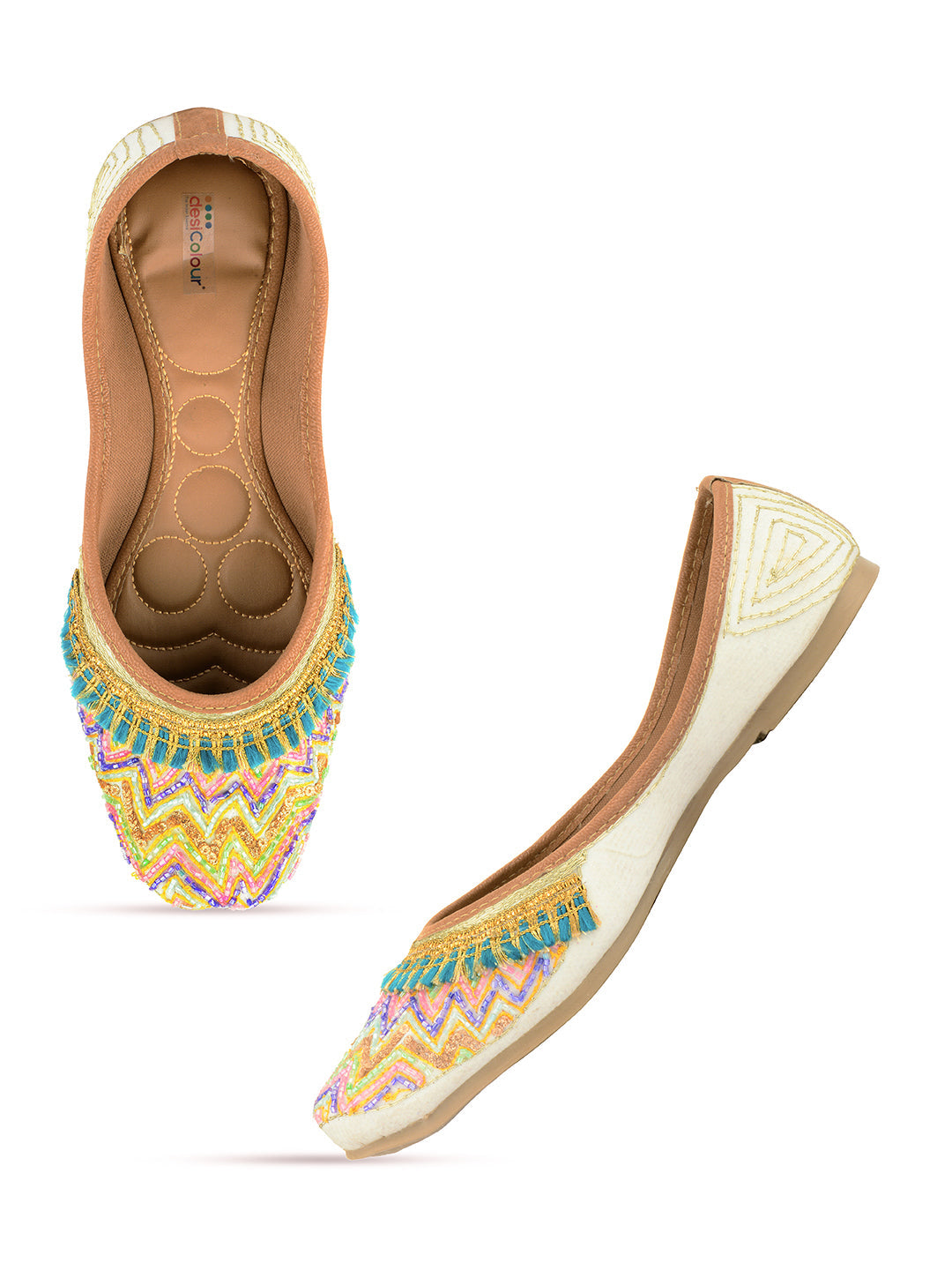 Desi Colour Women Indian Ethnic Footwear-White Multi Zigzag | Grocsy