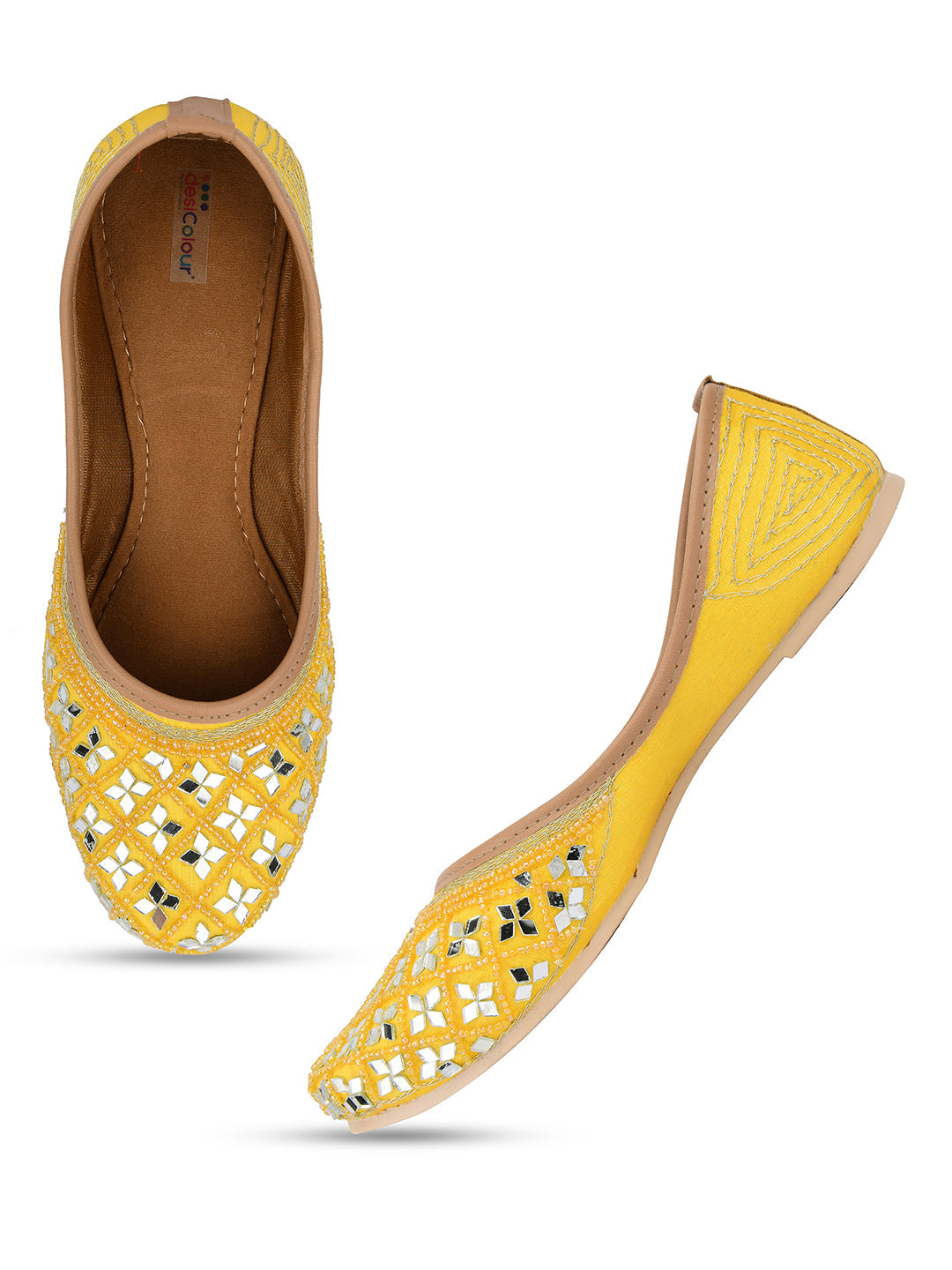 Desi Colour Women Indian Ethnic Footwear-Mirror Art- Yellow | Grocsy