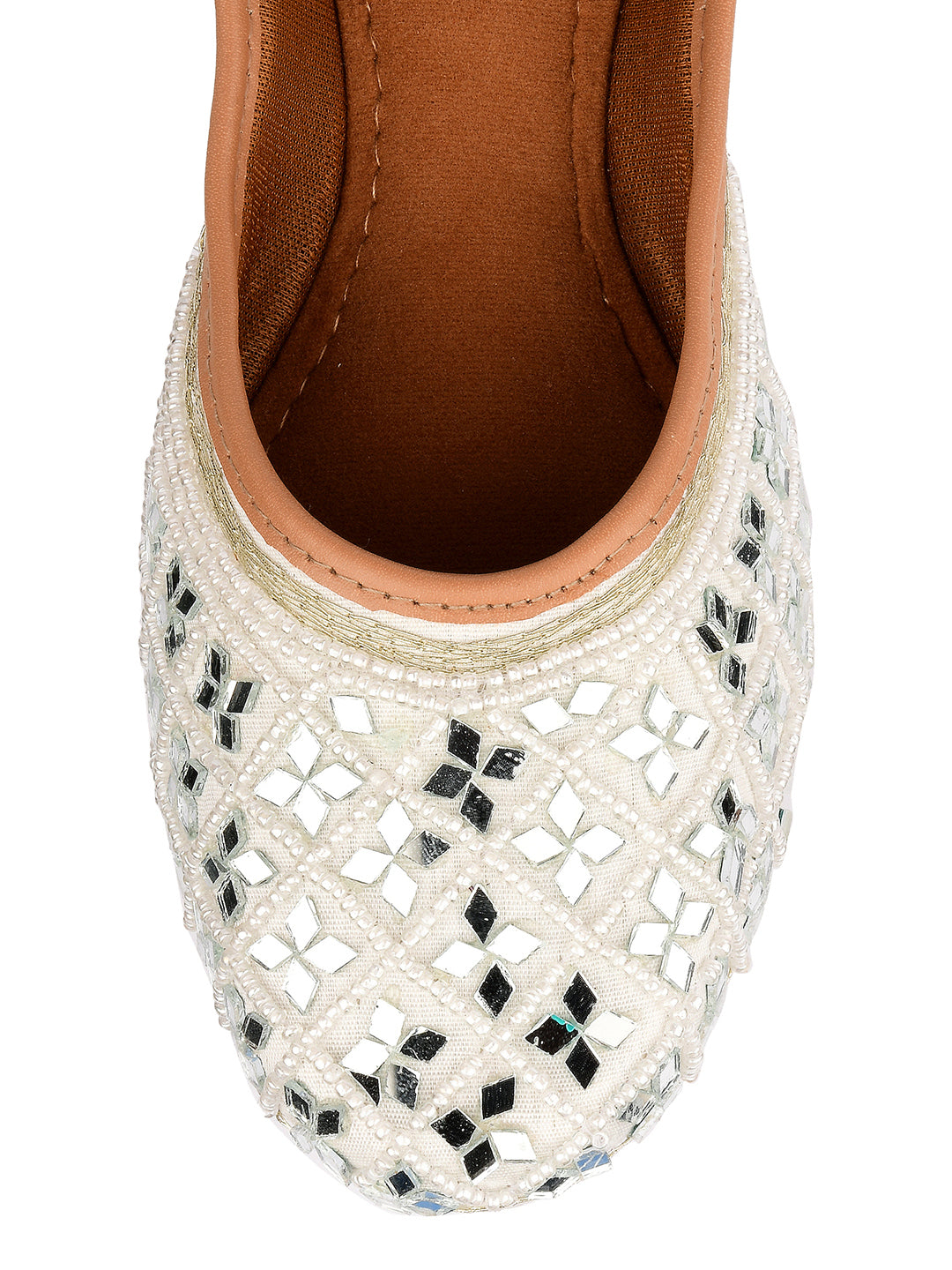 Desi Colour Women Indian Ethnic Footwear-Women's White Ethnic Mirror Mojari | Grocsy
