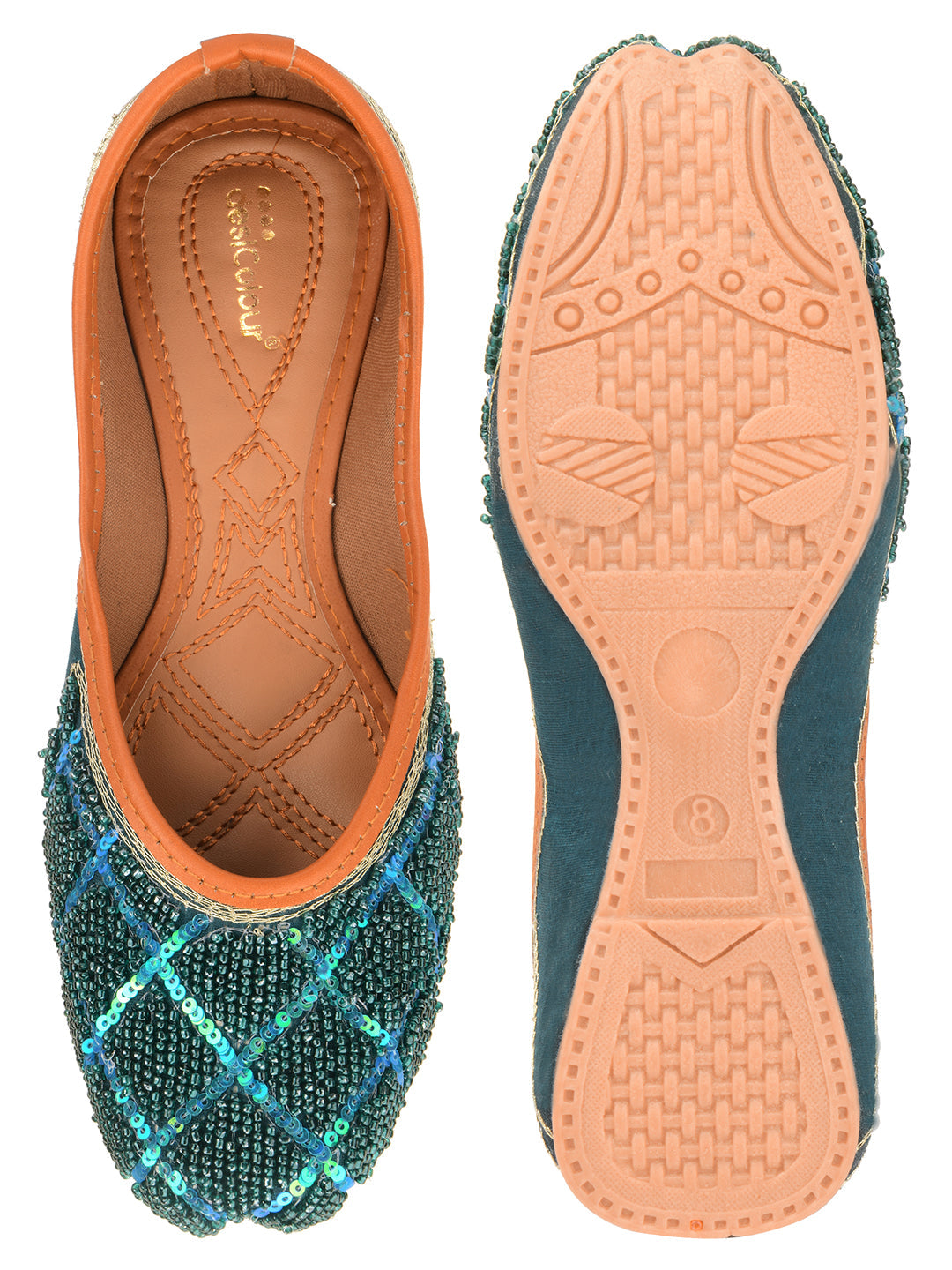 Desi Colour Women Indian Ethnic Footwear-Teal Pearl | Grocsy