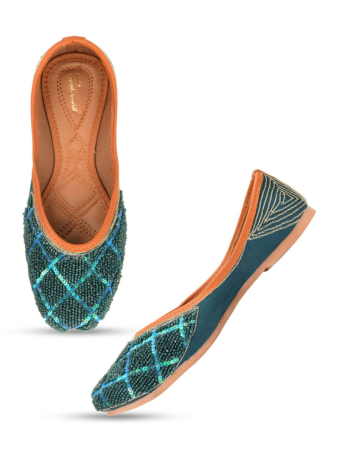 Desi Colour Women Indian Ethnic Footwear-Teal Pearl | Grocsy