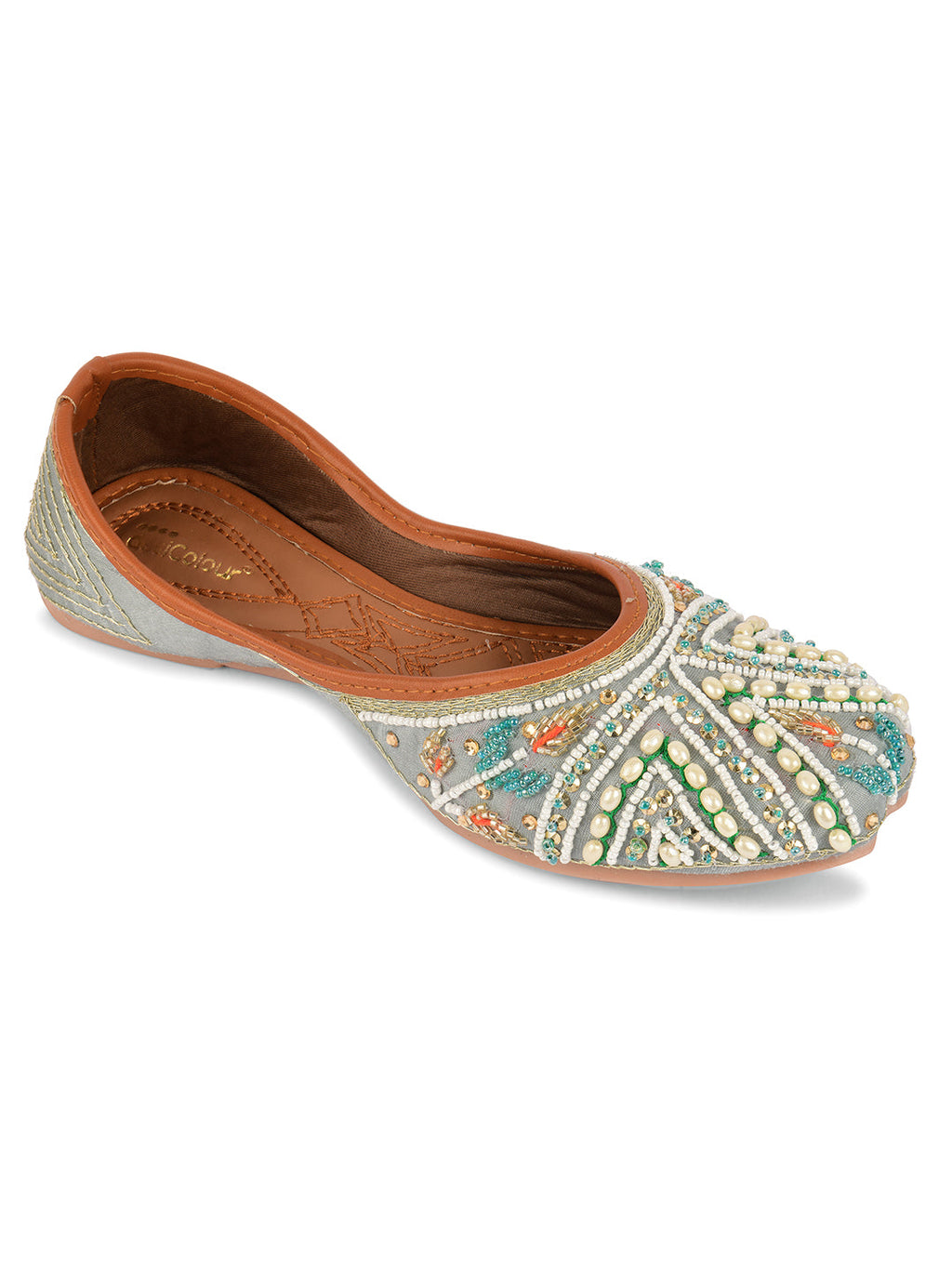 Desi Colour Women Indian Ethnic Footwear-Party Wear Grey Multi Pearl | Grocsy