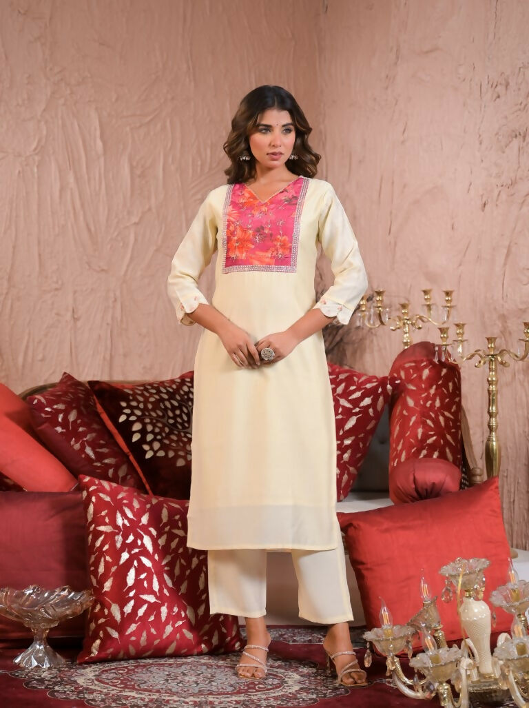 Ethnic Festive Wear Chanderi With Lining White & Pink Stitched Suit With Dupatta - Tanisha | Grocsy