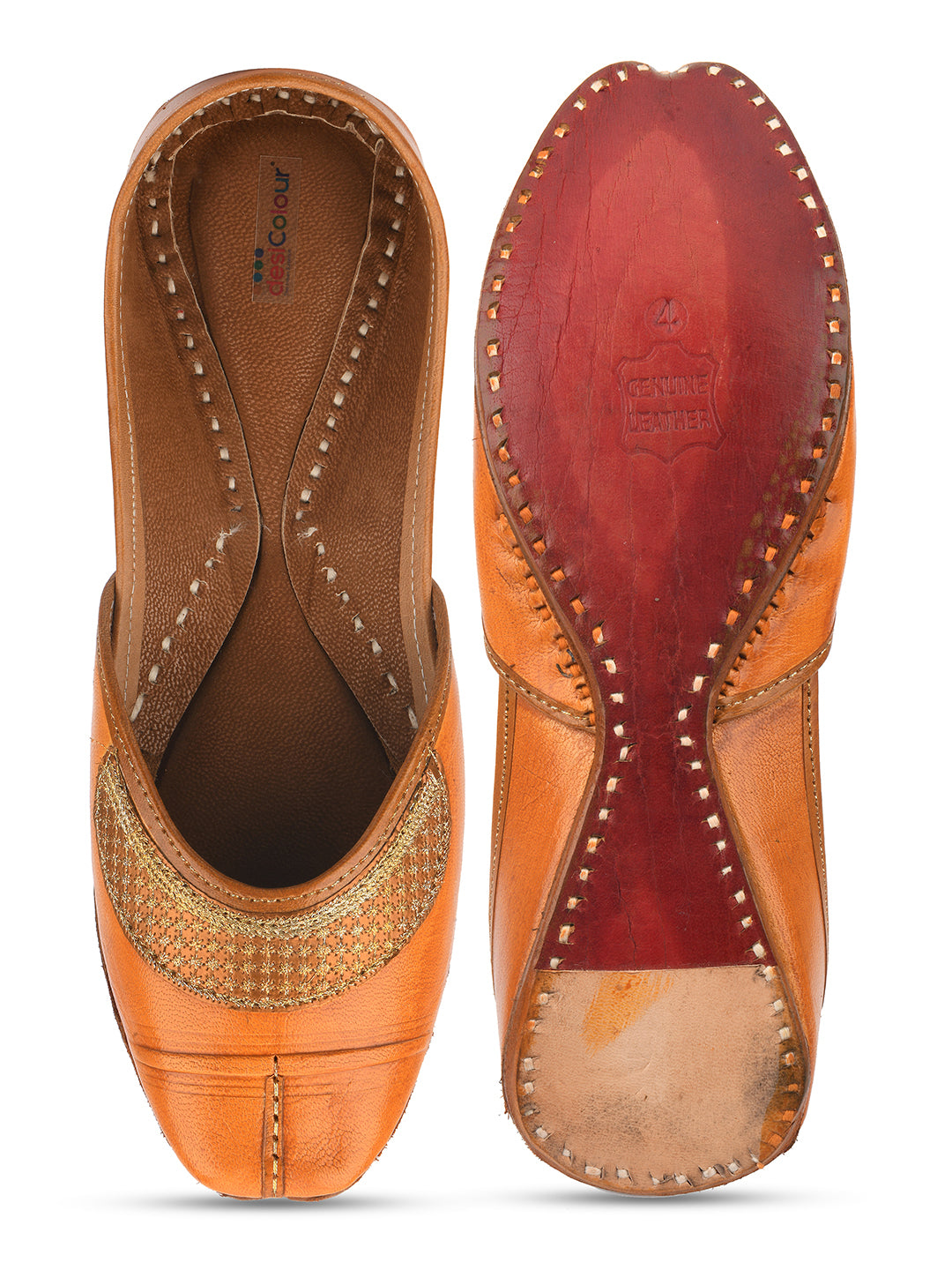 Desi Colour Women Indian Ethnic Footwear-Tan Leather Emb | Grocsy