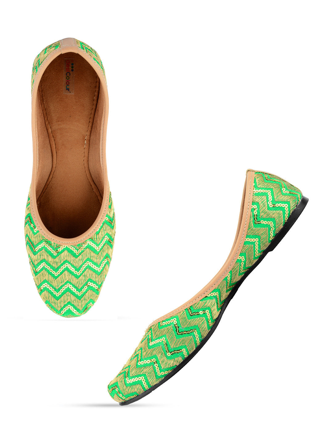 Desi Colour Women Indian Ethnic Footwear-Green Zigzag | Grocsy