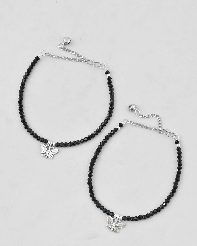 VOJ Set of 2 Butterfly Black Beads Anklet | Grocsy